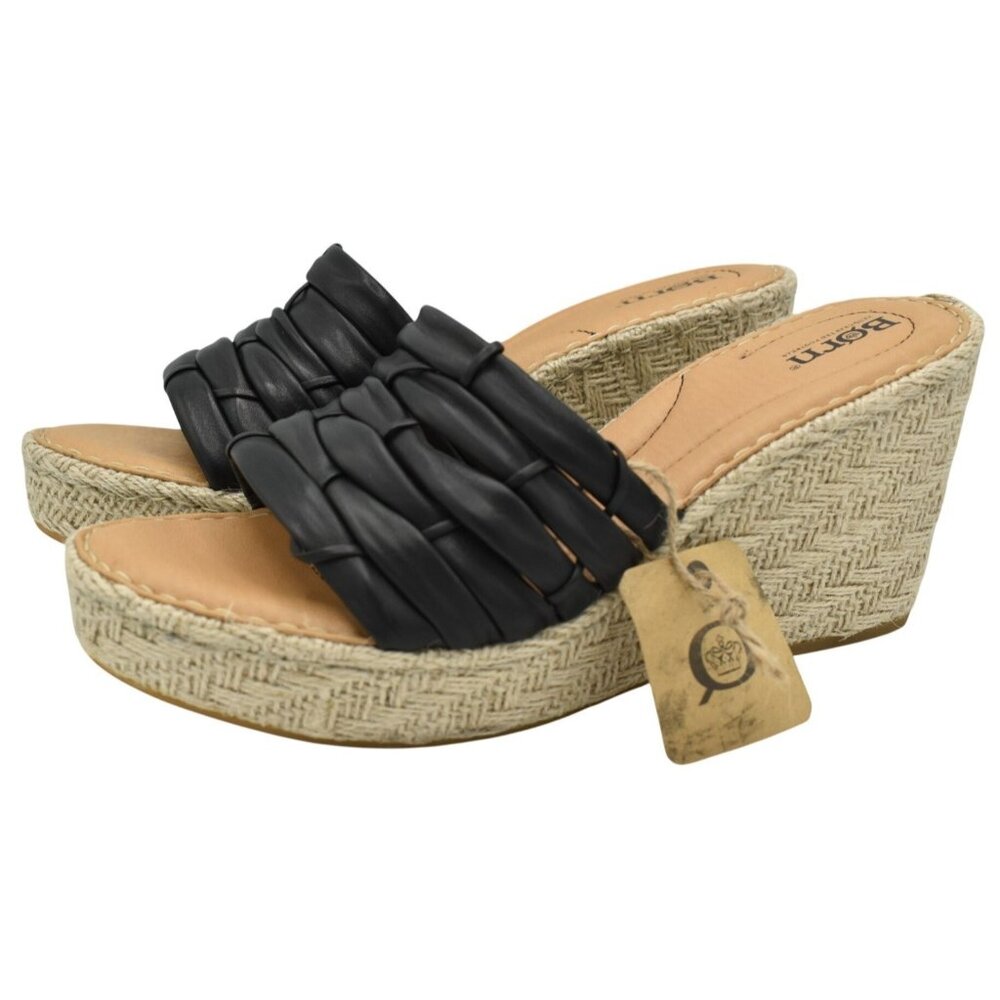 Born Womens Size 11 Aneesa Black Leather Espadrille Slip On Wedge Sandals Shoes‎